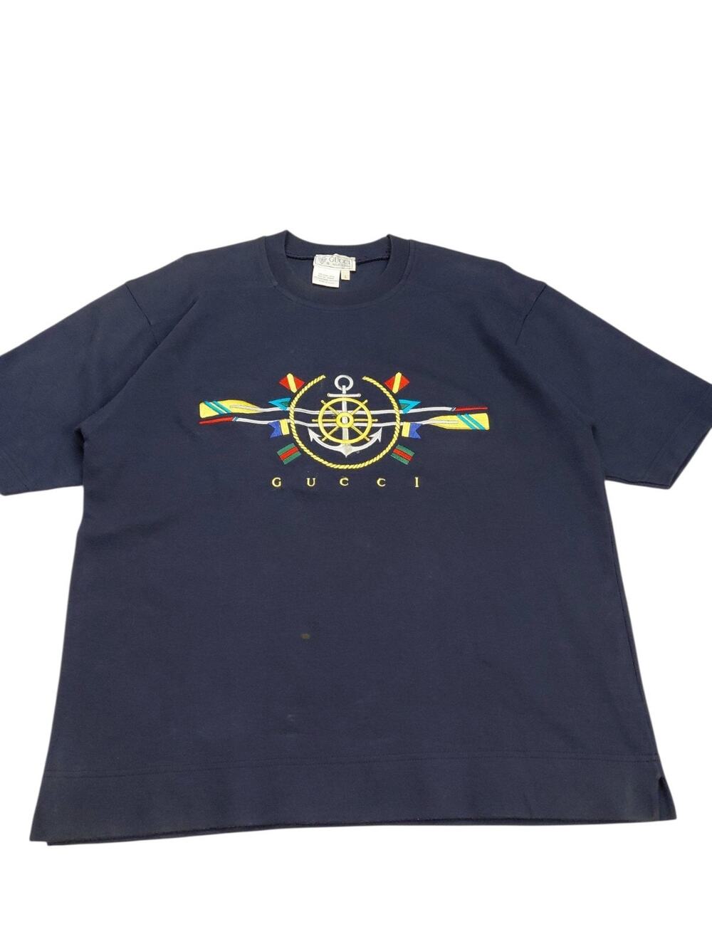 Vintage Gucci 90s Embroidered T-Shirt Navy Size Large Distressed